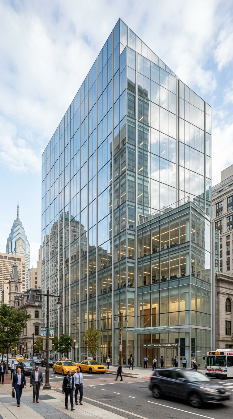 Bird Divert clear UV film on Philadelphia Class A office tower curtain wall glass, Center City high-rise