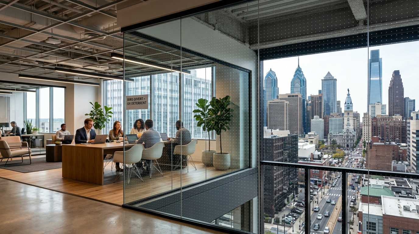 Bird Divert UV-reflective bird strike window film in Philadelphia on office tower glass