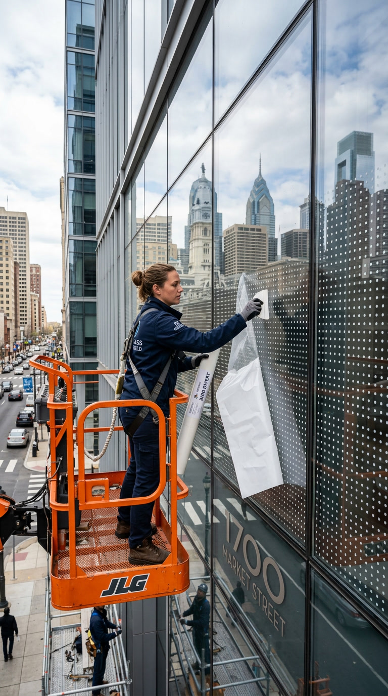 Window Film Philadelphia installer applying Bird Divert UV-reflective dot film to Philadelphia office glass