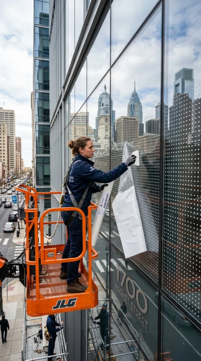 Window Film Philadelphia installer applying Bird Divert UV-reflective dot film to Philadelphia office glass