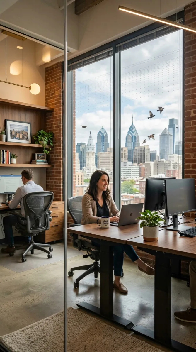 Philadelphia office interior with bird-safe UV film on floor-to-ceiling glass, birds visible safely flying past outside