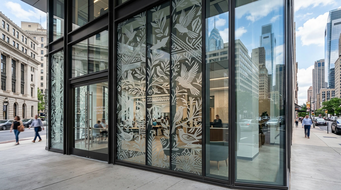 Decorative patterned bird strike window film in Philadelphia lobby glass