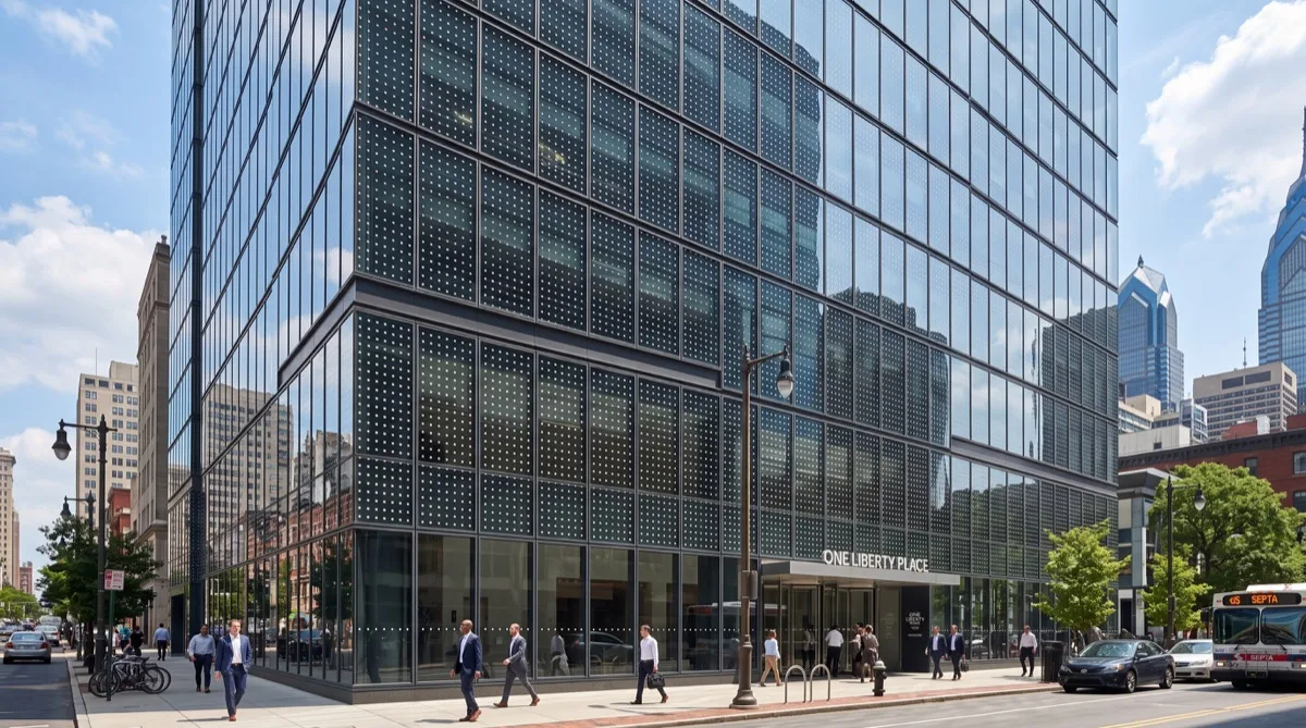 Decorative patterned bird strike window film in Philadelphia lobby glass