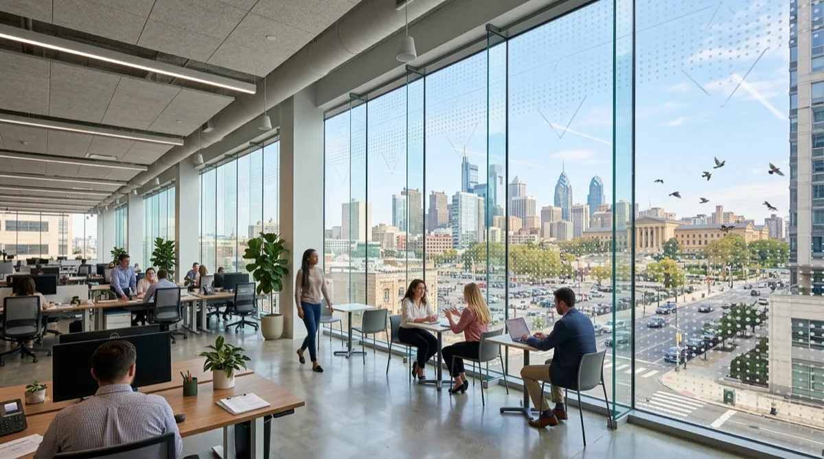 Bird strike prevention film on Philadelphia glass wall with bird-safe pattern