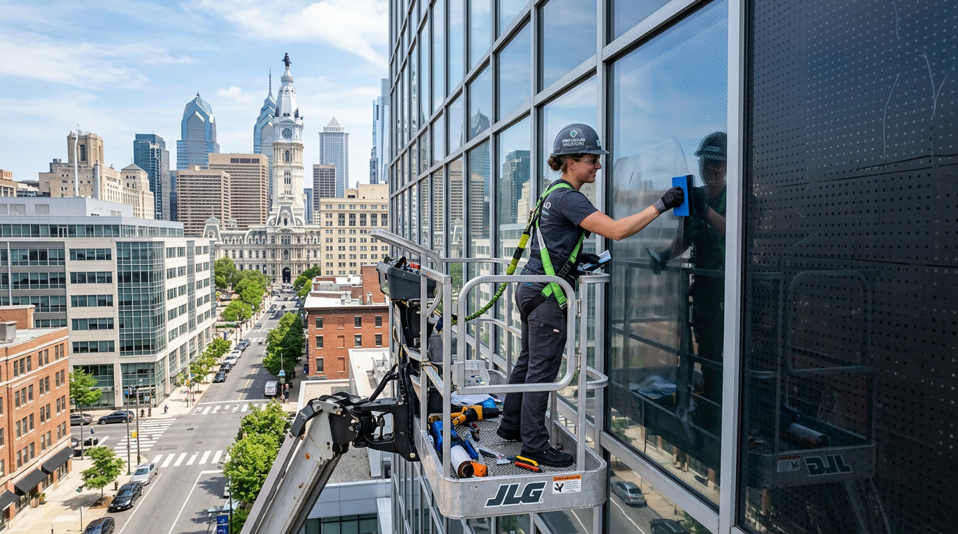 Bird strike window film installation process in Philadelphia commercial building