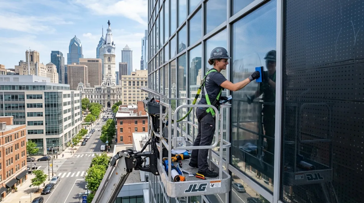 Bird strike window film installation process in Philadelphia commercial building