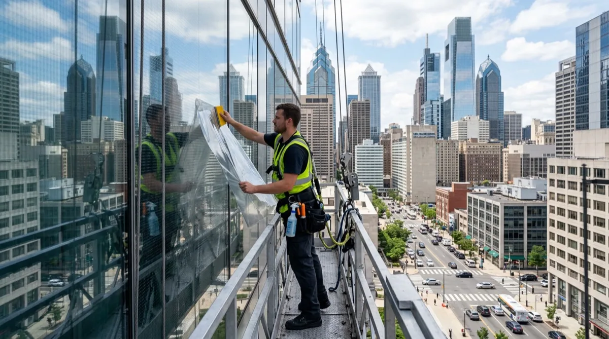 Office tower bird strike window film in Philadelphia installation in Center City