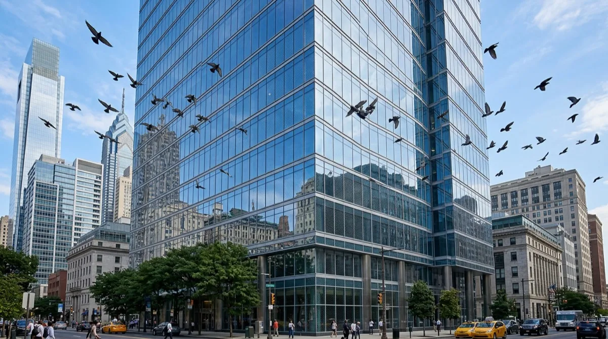 Bird strike window film in Philadelphia on reflective building exterior