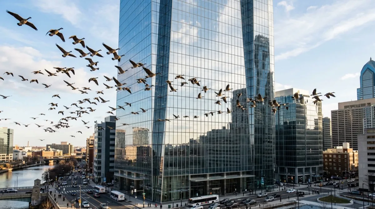 Bird strike window film in Philadelphia protecting reflective glass near trees