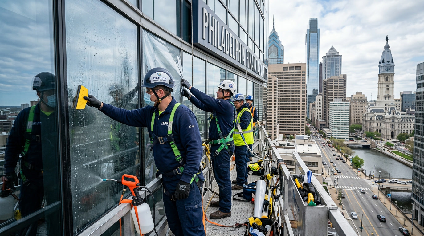 Professional blast mitigation film installation process in Philadelphia commercial building