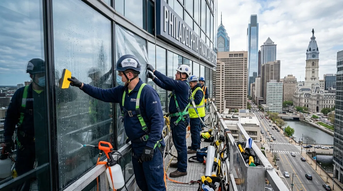 Professional blast mitigation film installation process in Philadelphia commercial building