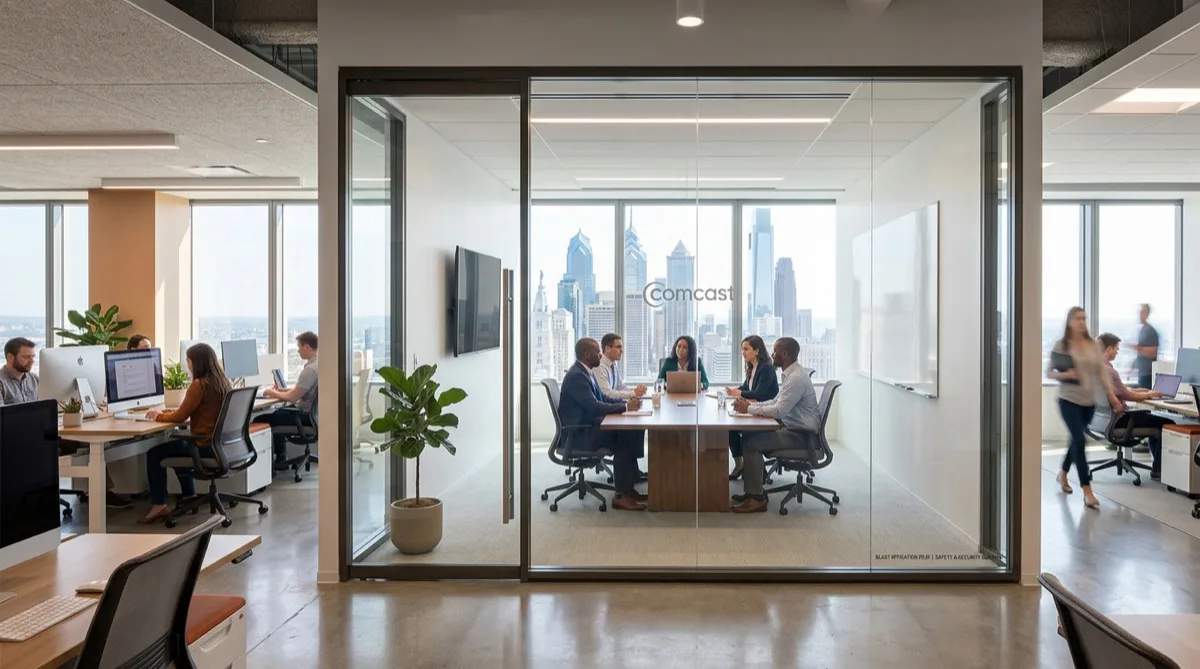 Office glass treated for blast mitigation in a Philadelphia commercial building