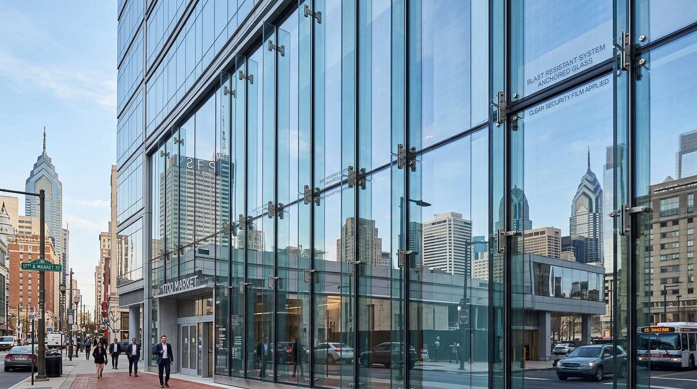 Solar Gard Armorcoat blast film with attachment system on Philadelphia commercial glass