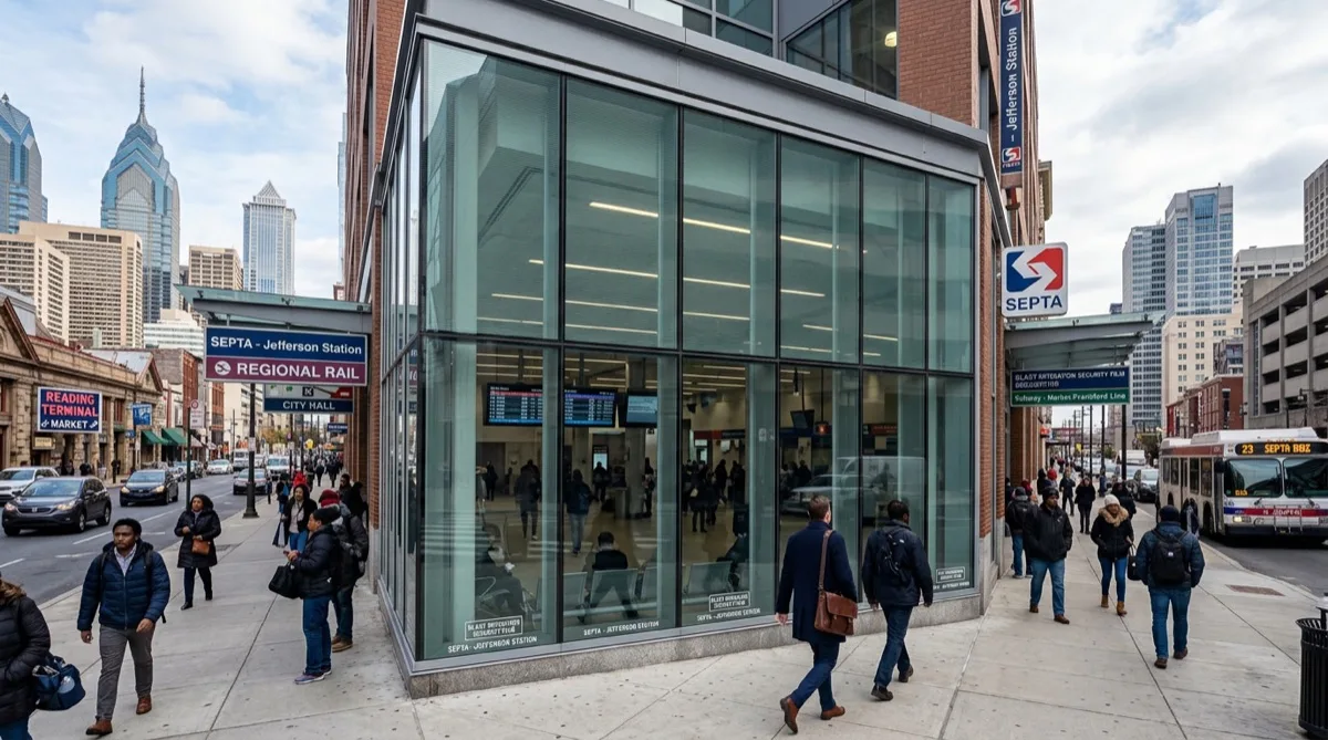 Transit hub security film protecting Philadelphia public glass