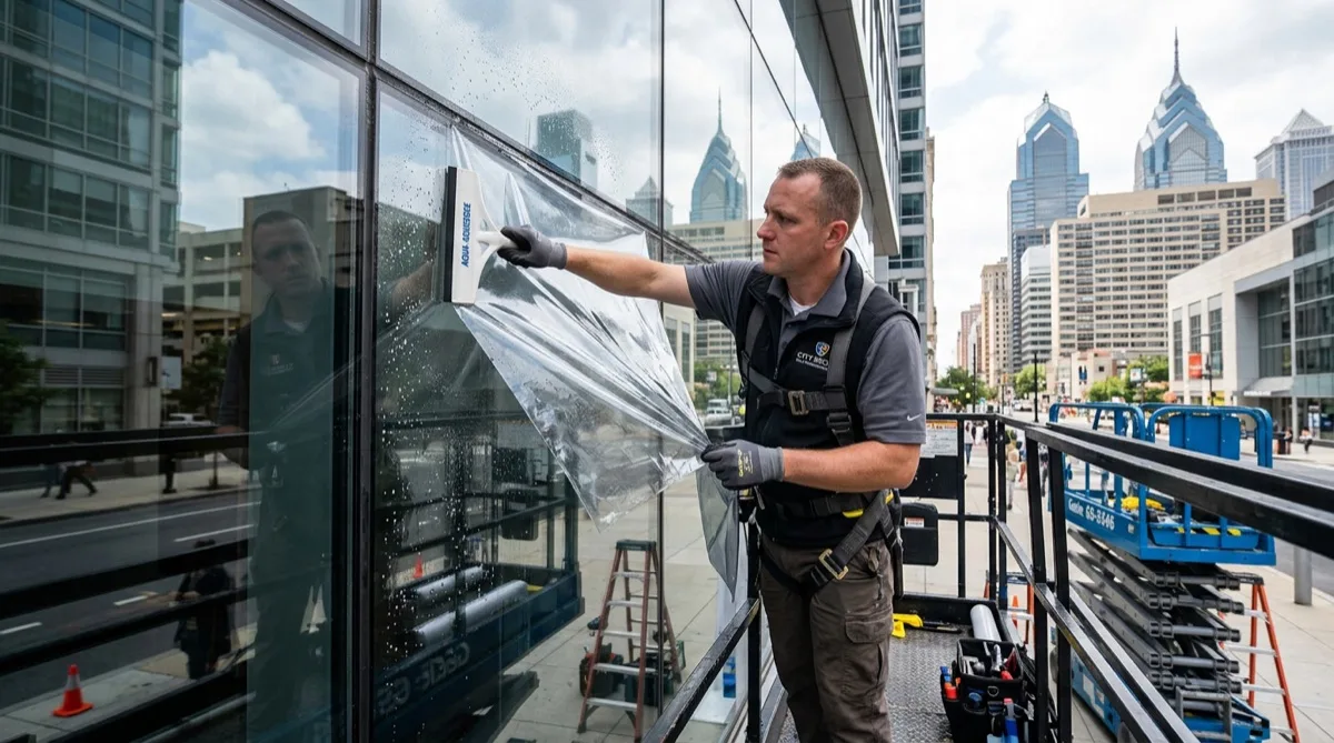 Blast film installation on office tower glass in Center City Philadelphia