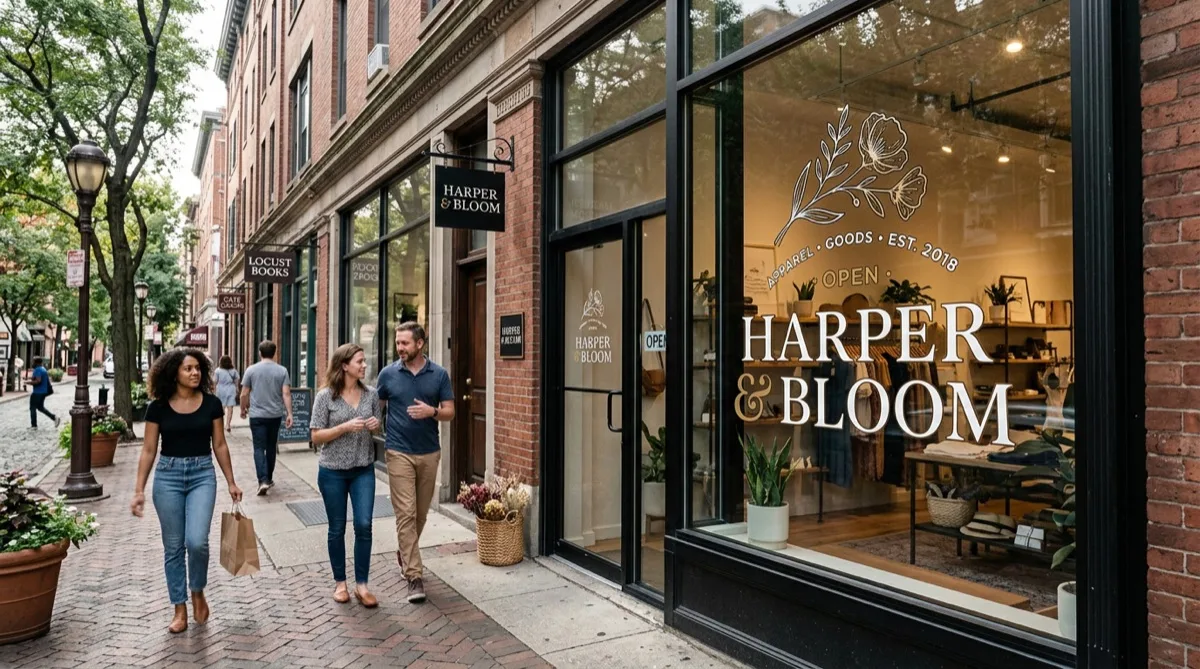 Branded printed decorative window film on Philadelphia retail storefront