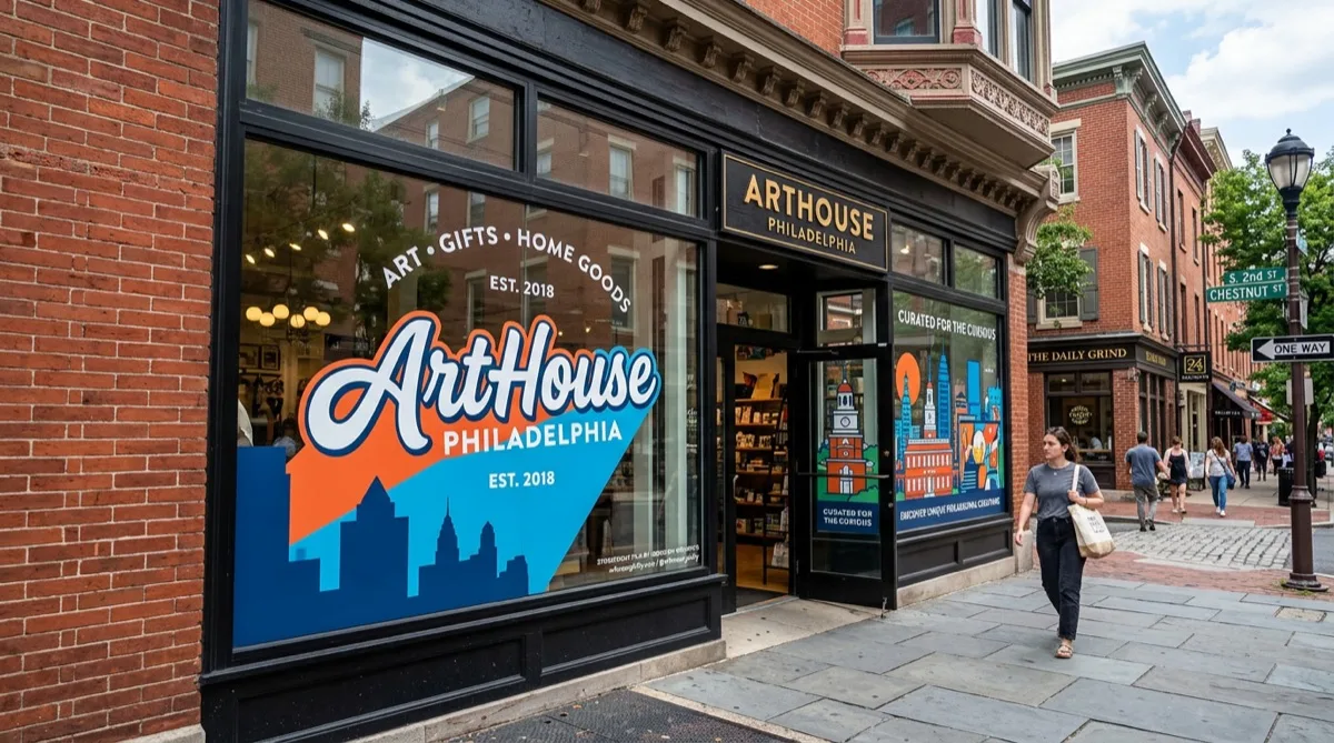 Branded promotional window film on Philadelphia retail storefront