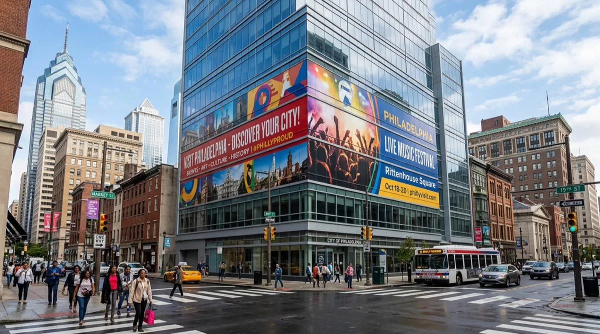 Advertising building wrap on Philadelphia commercial building