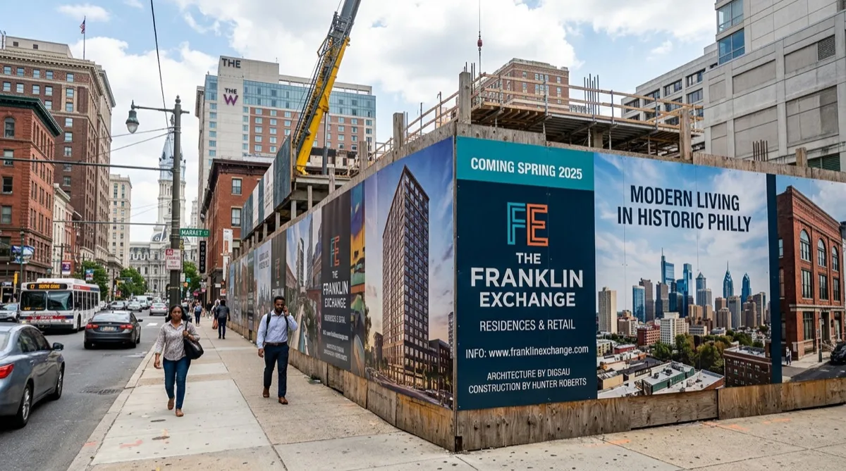 Construction hoarding building wrap on Philadelphia development site