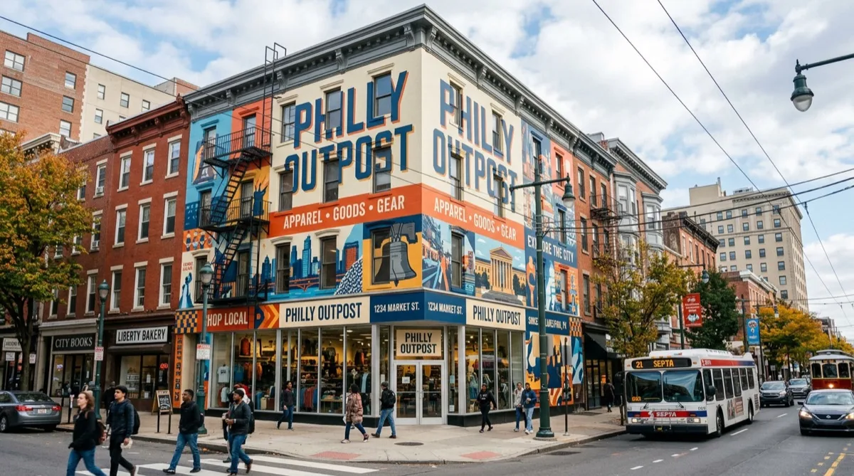 Building wrap retail branding on Philadelphia storefront