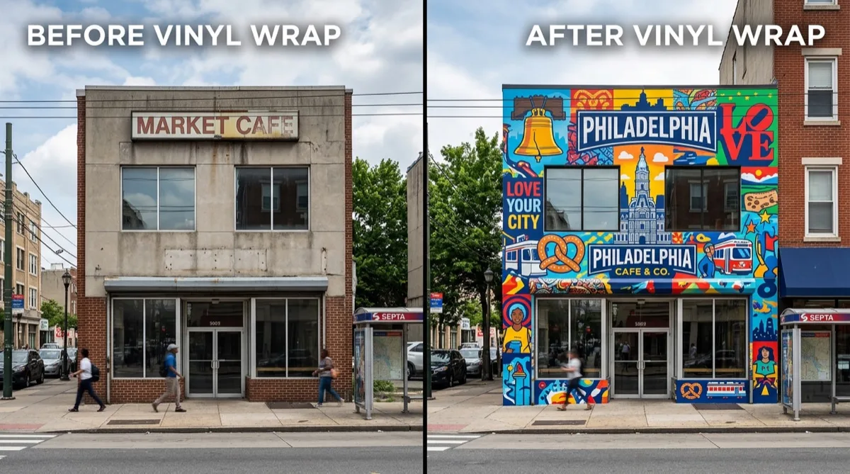 Building wraps Philadelphia before and after — plain to wrapped facade