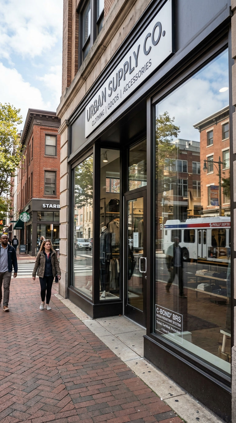 C-Bond BRS applied to Philadelphia retail storefront security glass