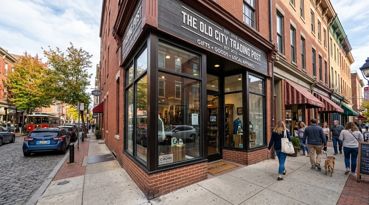 Old City Philadelphia retail block storefront glass treated with C-Bond BRS