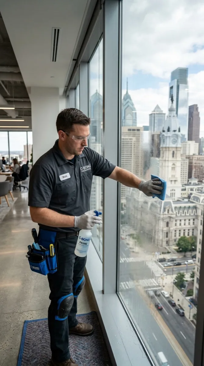 Certified C-Bond installer applying liquid nanotechnology primer to Philadelphia glass