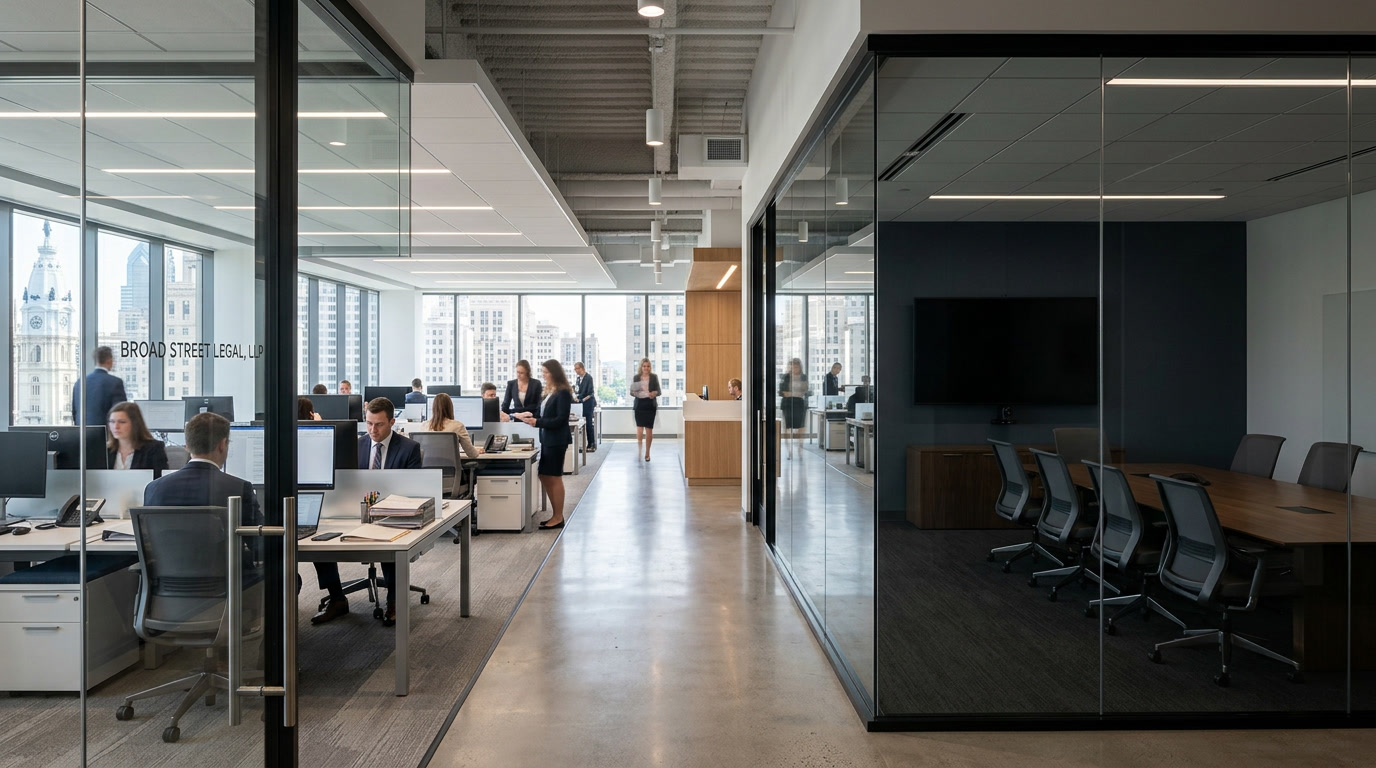 Center City Philadelphia law firm glass conference room with Casper Cloaking Film installed on partitions