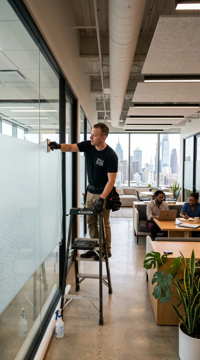 Casper Cloaking Film installation Philadelphia — certified installer Casper Cloaking Film applied to glass office partition in Philadelphia conference room
