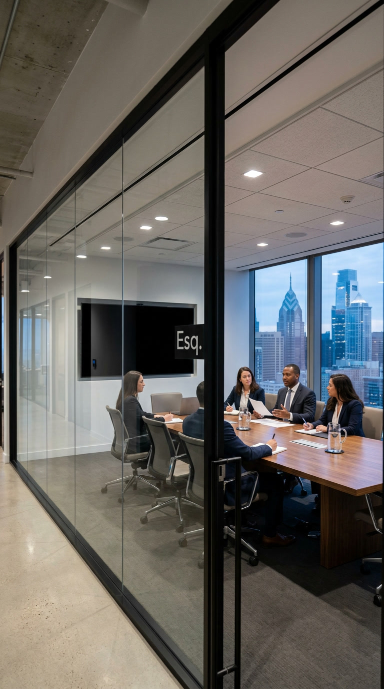 Philadelphia glass-wall office conference room with Casper Cloaking Film protecting screen content while preserving open views
