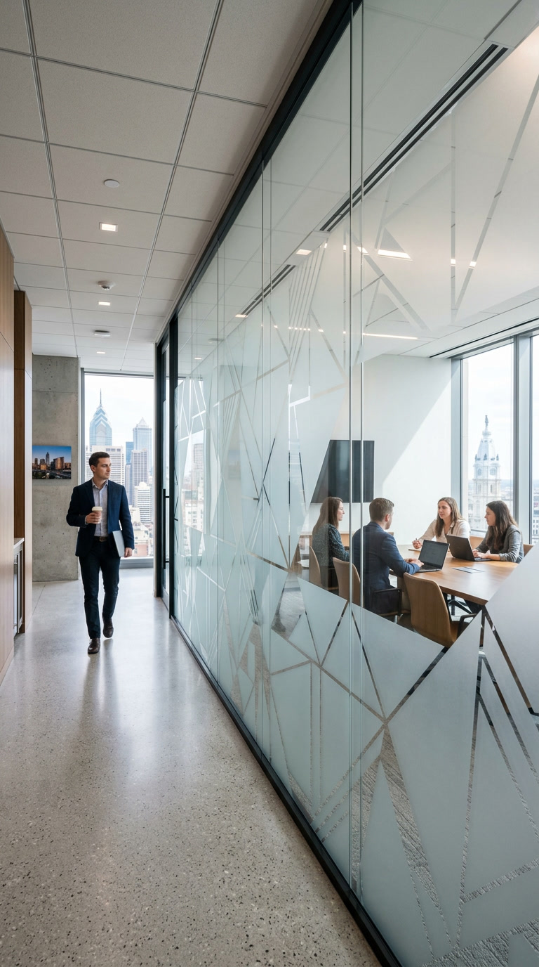 Patterned and custom printed Casper Cloaking Film on Philadelphia office glass with branded graphics