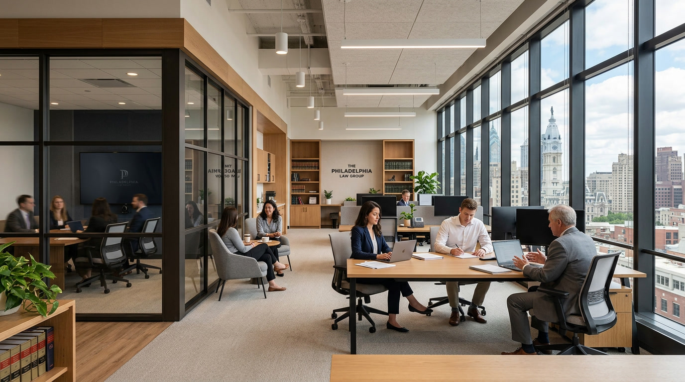 Philadelphia law firm glass conference room with Casper Cloaking Film hiding screen content from hallways