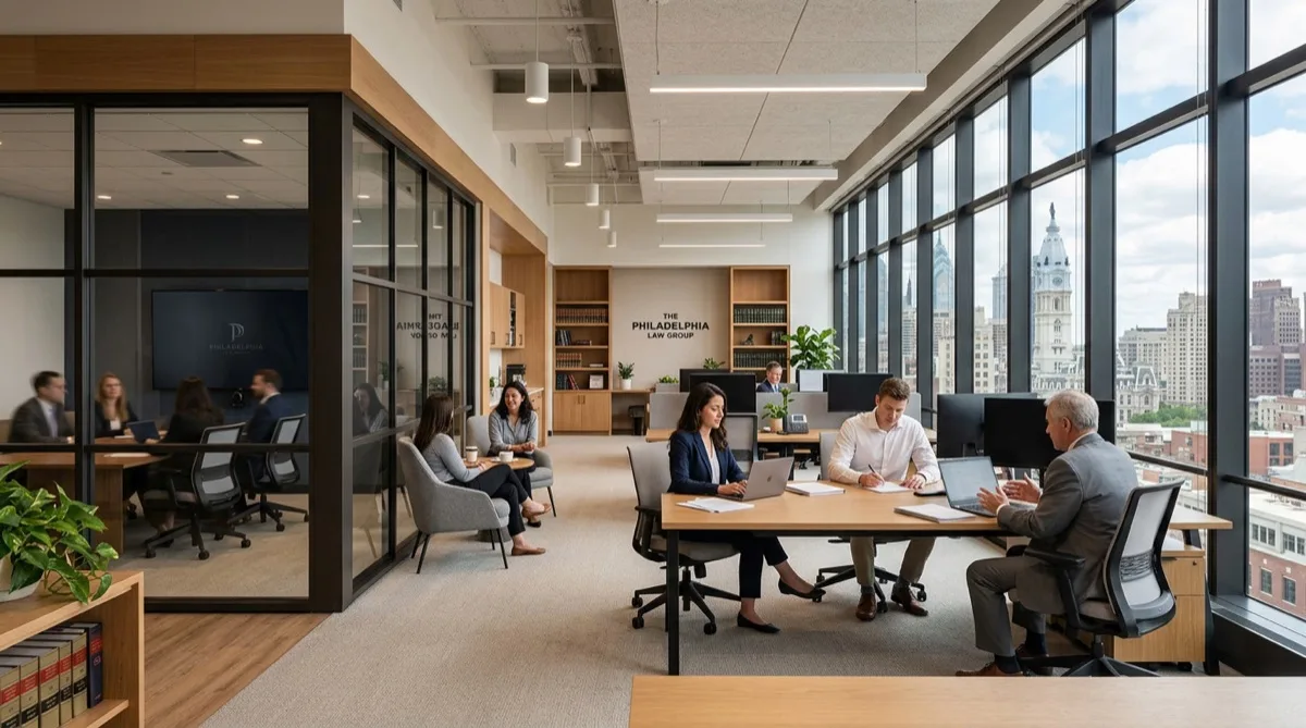 Philadelphia law firm glass conference room with Casper Cloaking Film hiding screen content from hallways
