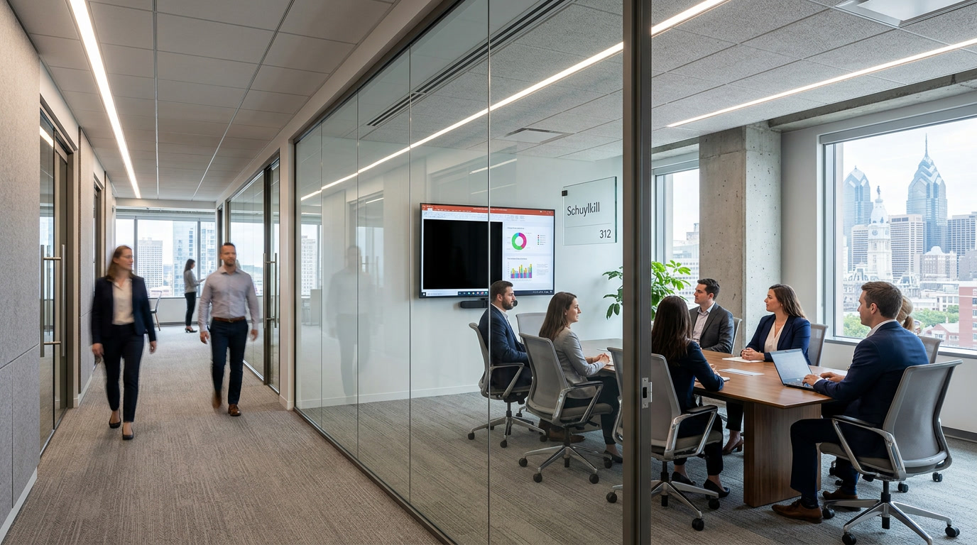 Philadelphia healthcare and tech office glass meeting room with screen privacy film on partitions