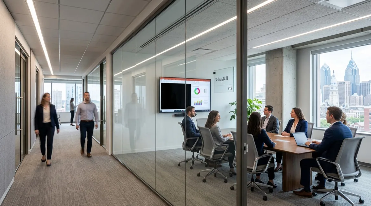 Philadelphia healthcare and tech office glass meeting room with screen privacy film on partitions