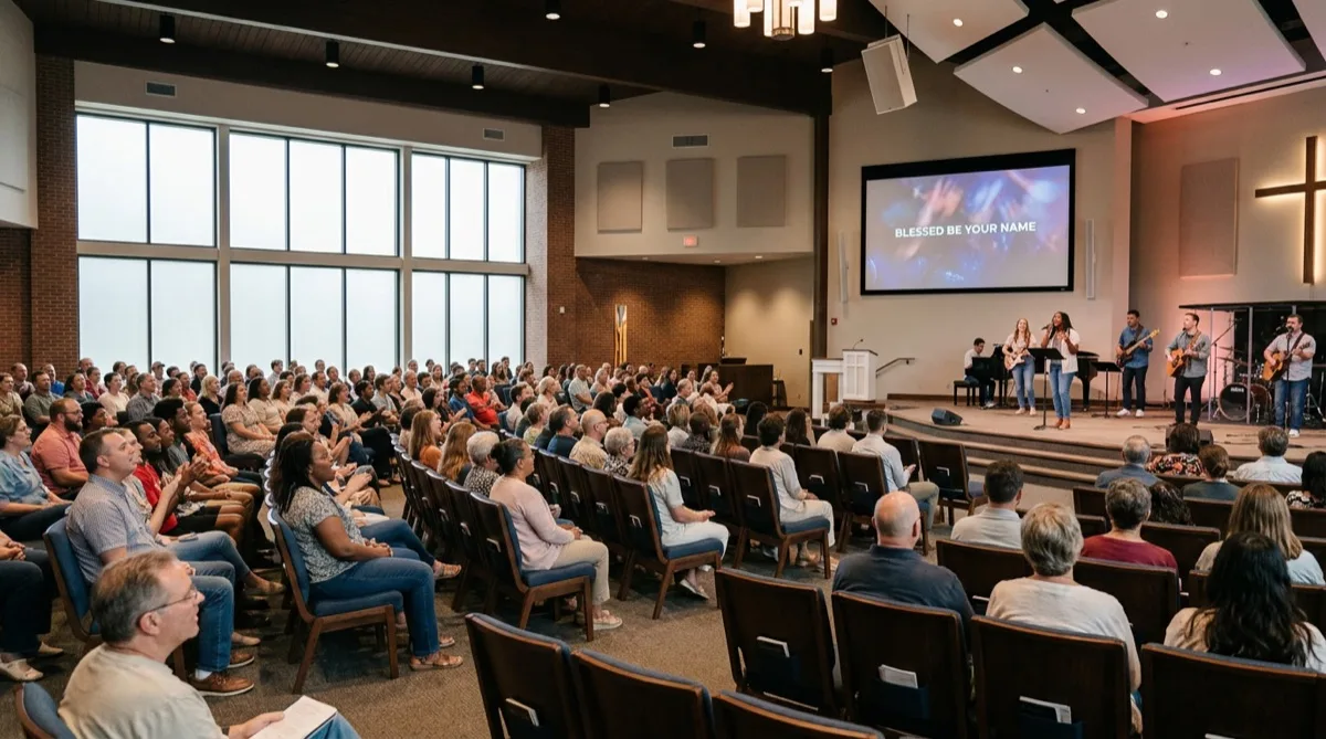 Comfortable church congregation seating with glare-reduction film preserving warm natural sanctuary light Comfortable church congregation seating with glare-reduction film preserving warm natural sanctuary light