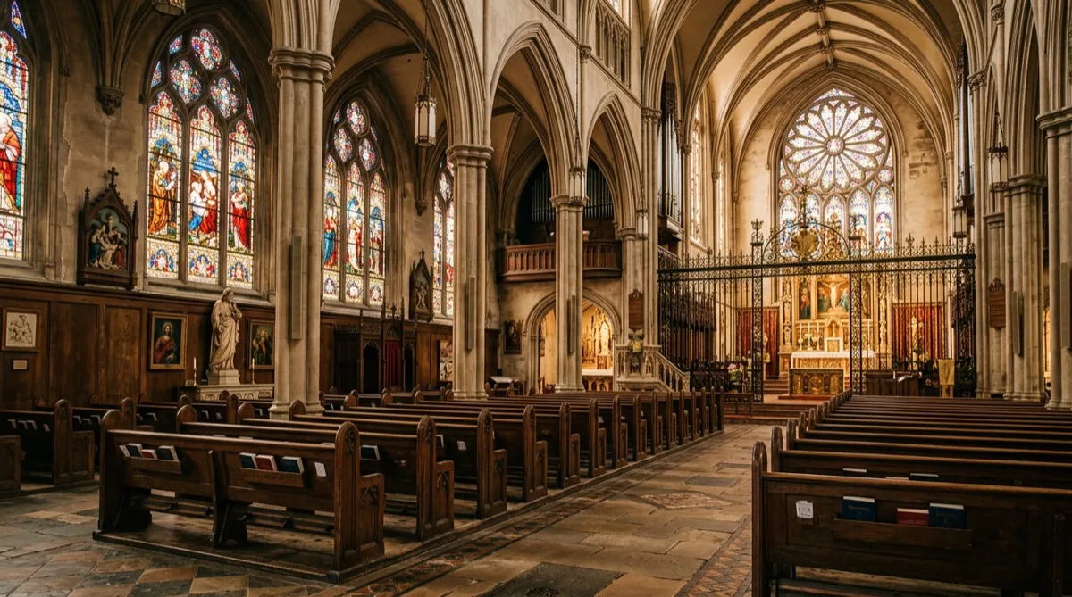 Sanctuary interior with stained glass protected by window film Sanctuary interior with stained glass protected by window film
