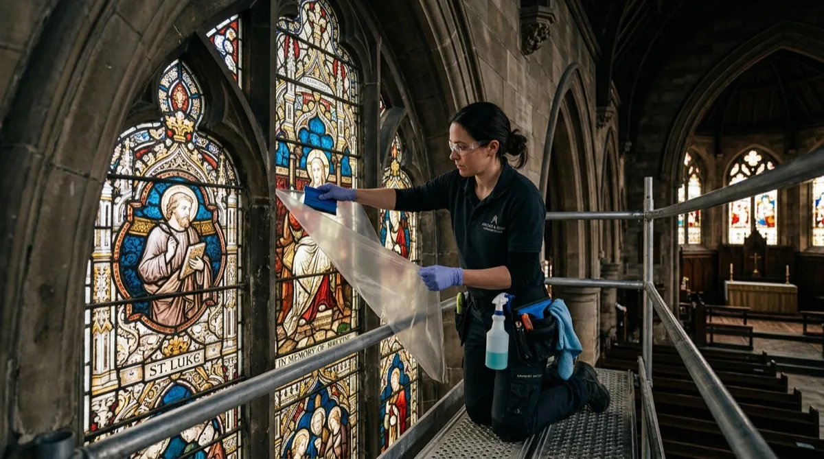 Professional installer applying conservation-grade film in a church building Professional installer applying conservation-grade film in a church building