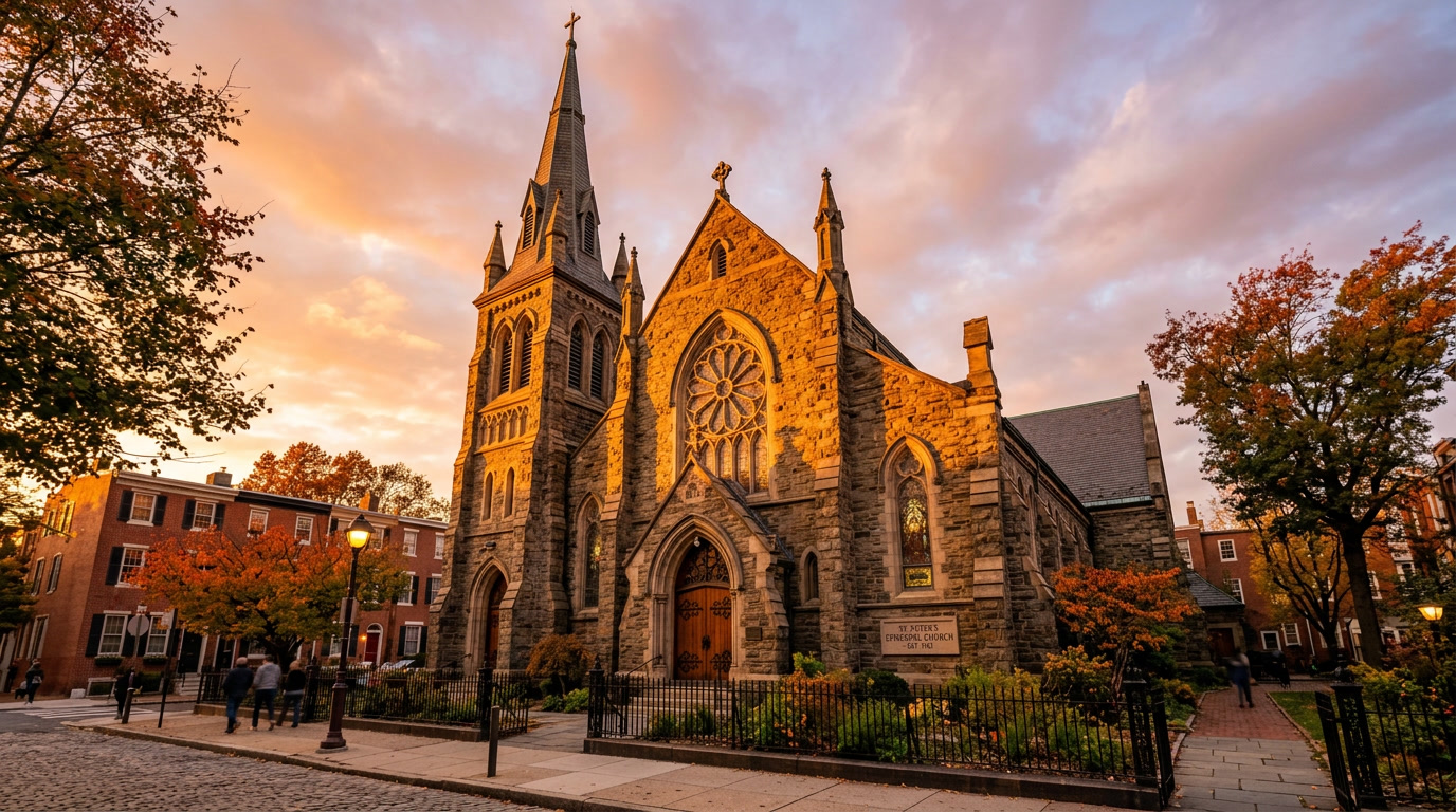 Historic Philadelphia church exterior with protected architectural glass Historic Philadelphia church exterior with protected architectural glass