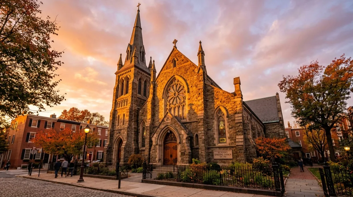 Historic Philadelphia church exterior with protected architectural glass Historic Philadelphia church exterior with protected architectural glass