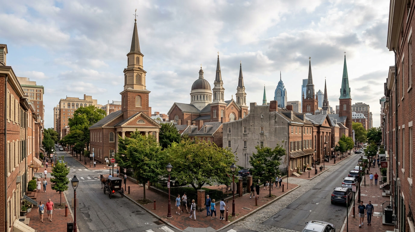 Wide view of a Philadelphia church district served by church window film installation crews Wide view of a Philadelphia church district served by church window film installation crews