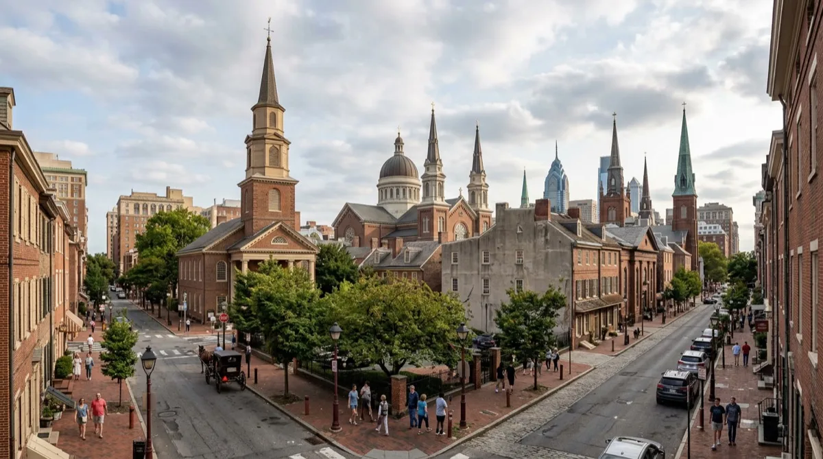 Wide view of a Philadelphia church district served by church window film installation crews Wide view of a Philadelphia church district served by church window film installation crews