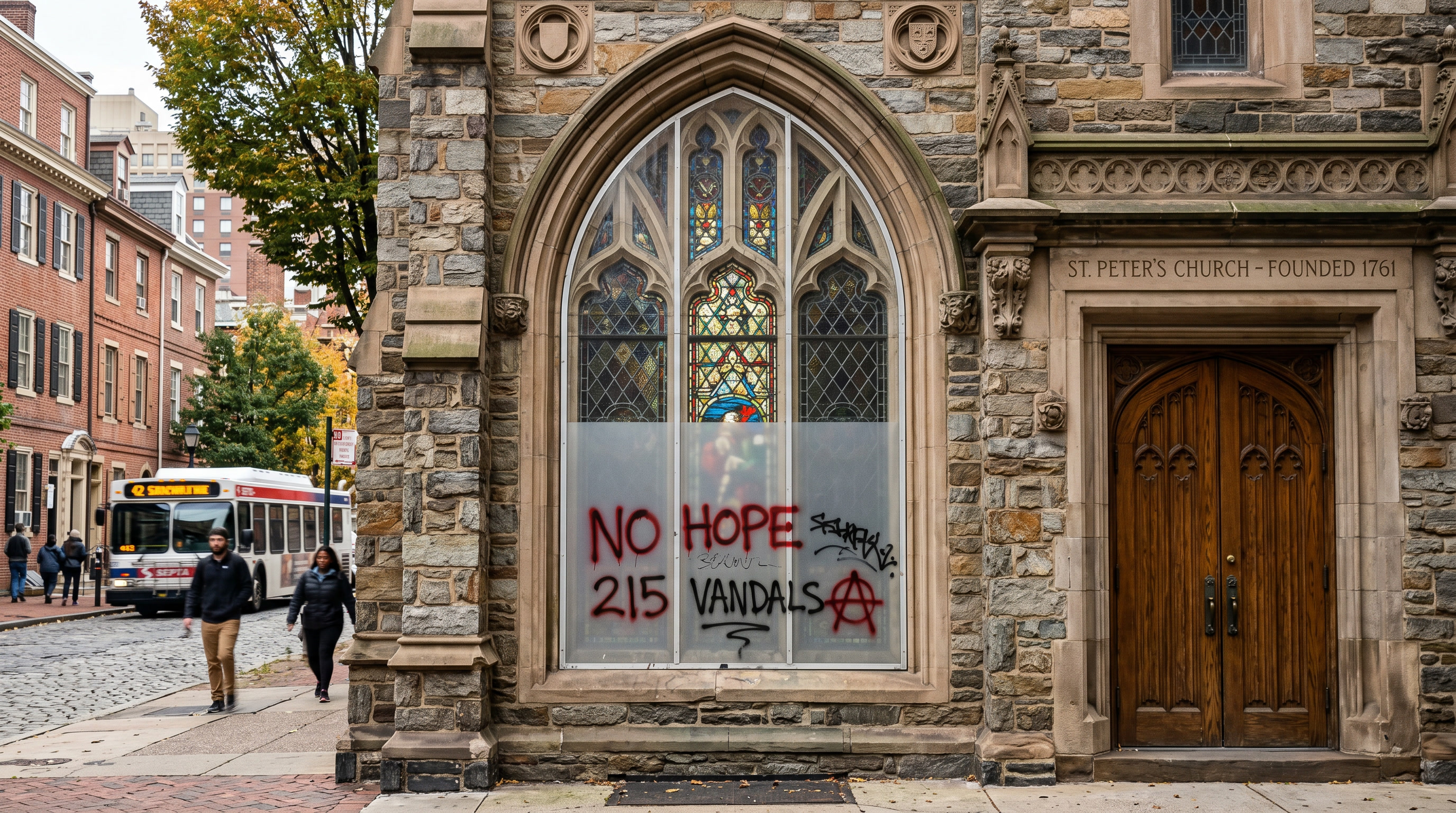 Anti-graffiti film protecting street-level church architectural glass from etching Anti-graffiti film protecting street-level church architectural glass from etching