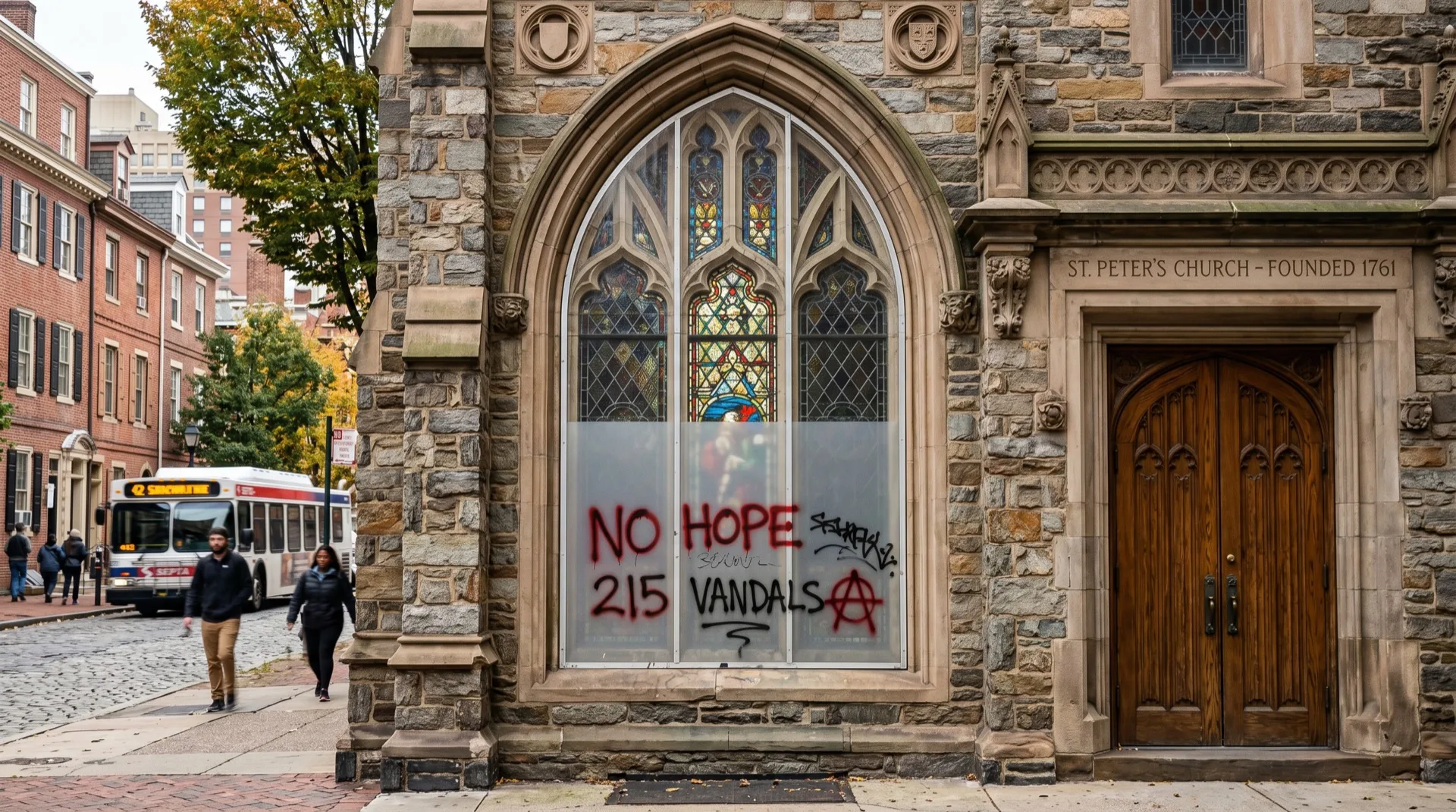 Anti-graffiti film protecting street-level church architectural glass from etching Anti-graffiti film protecting street-level church architectural glass from etching