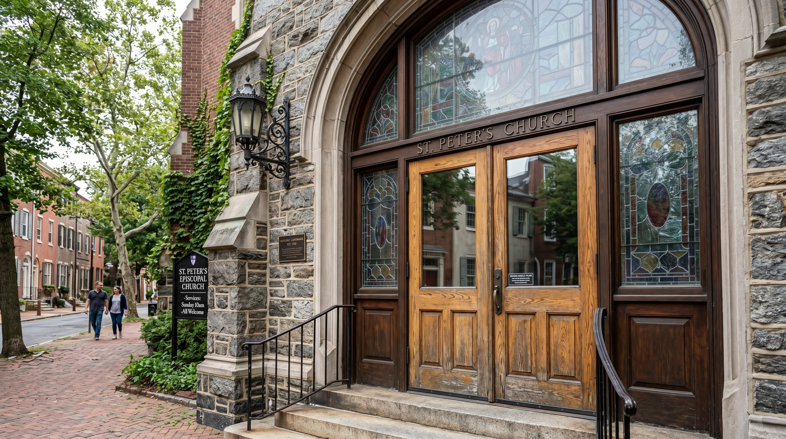 Security and anti-intrusion film on church entry glass doors Security and anti-intrusion film on church entry glass doors