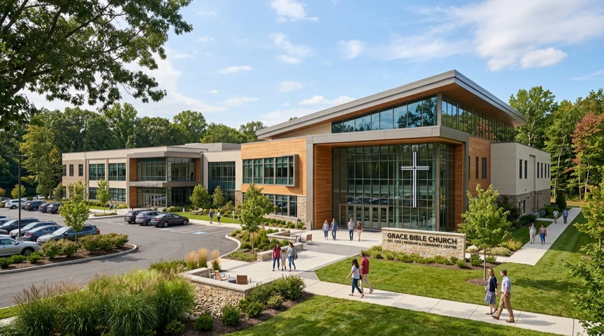 Modern Philadelphia church campus with large glass fellowship hall and solar control film