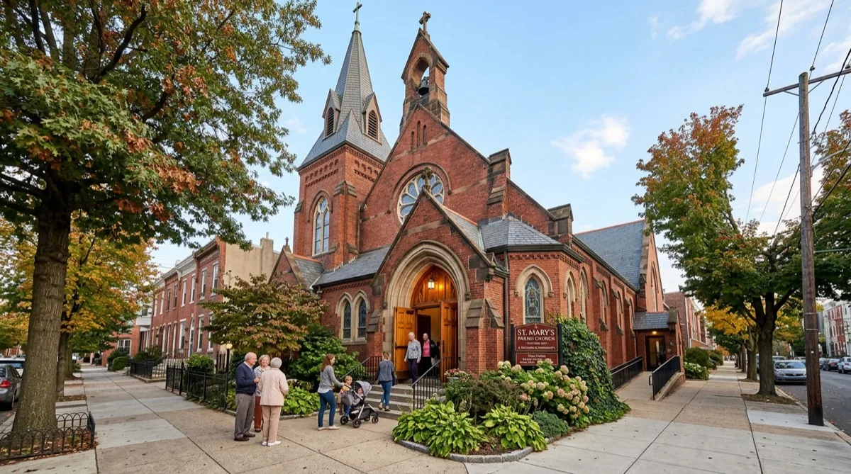 Neighborhood Philadelphia parish church with energy-saving window film on single-pane windows