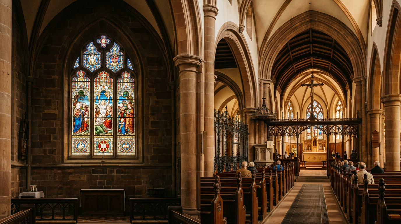 Historic stained glass rose window protected by conservation-grade UV film on interior clear glass Historic stained glass rose window protected by conservation-grade UV film on interior clear glass