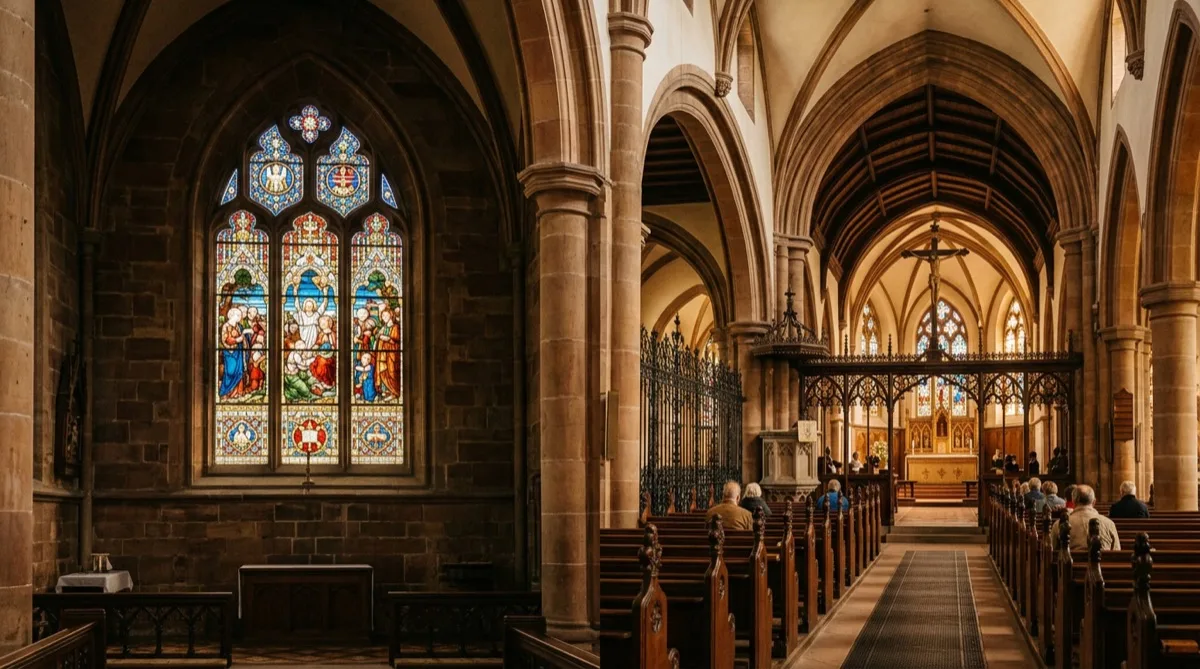 Historic stained glass rose window protected by conservation-grade UV film on interior clear glass Historic stained glass rose window protected by conservation-grade UV film on interior clear glass